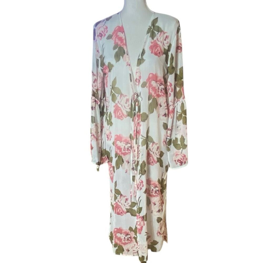 Band Of Gypsies Womens White Pink Rose Floral Print Duster Cover Up Small